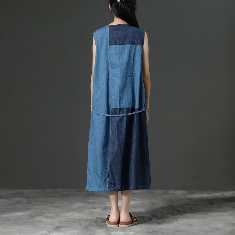 Sleeveless Summer Blue Commuter Cotton Dress - Omychic