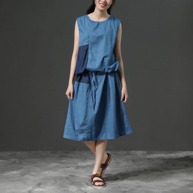 Sleeveless Summer Blue Commuter Cotton Dress - Omychic