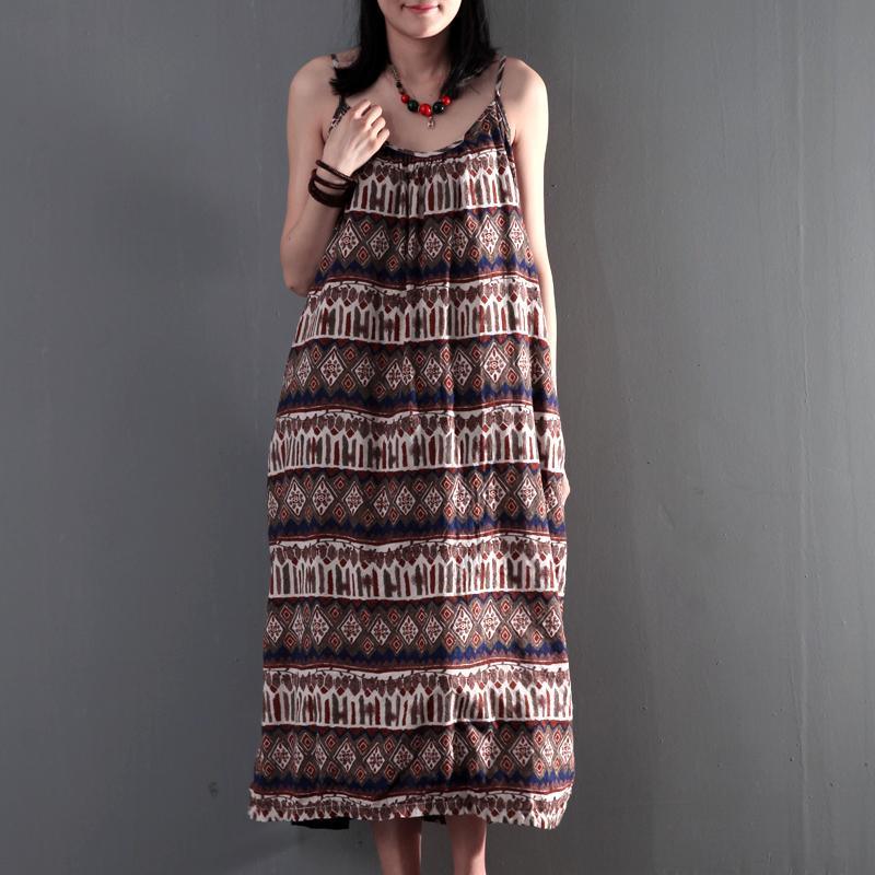 Sleeveless brown floral print maxi dress summer cotton long dresses casaul sundress - Omychic