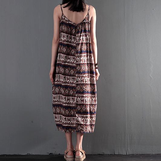 Sleeveless brown floral print maxi dress summer cotton long dresses casaul sundress - Omychic