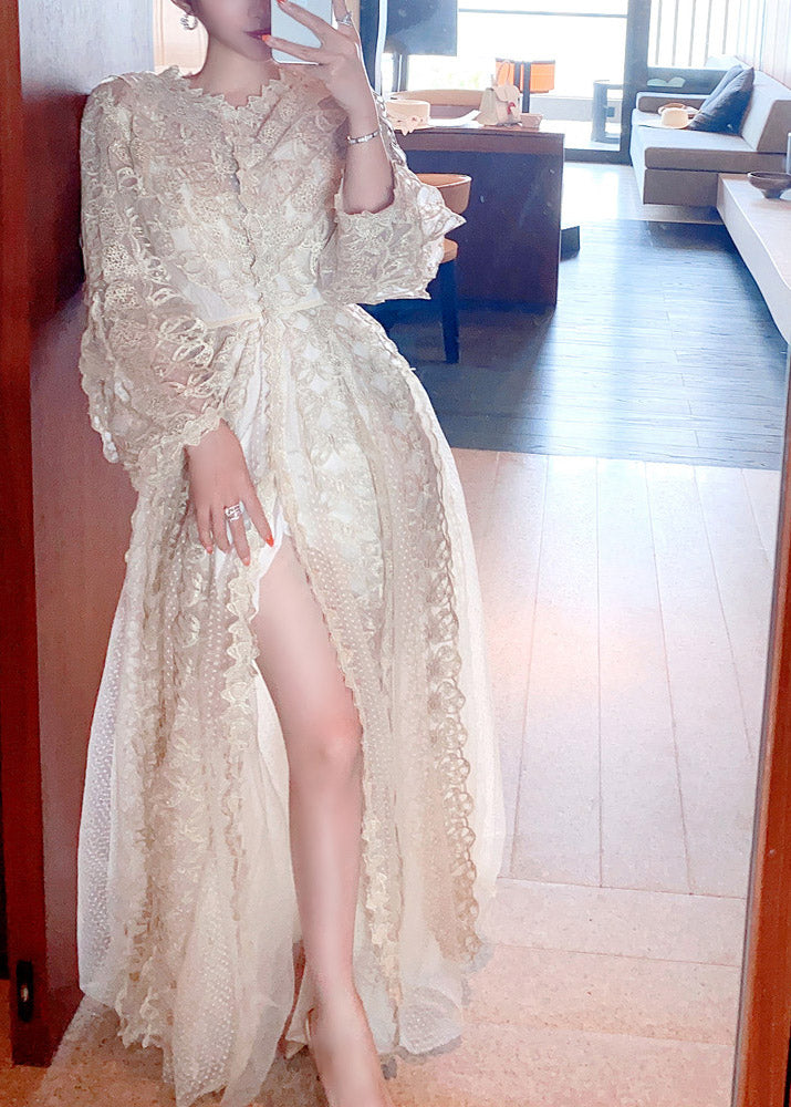 Slim Fit Apricot Embroideried Bow Lace Maxi Dress Long Sleeve
