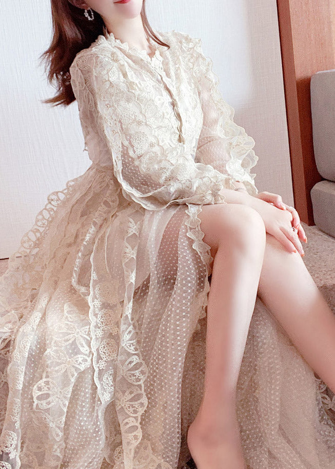 Slim Fit Apricot Embroideried Bow Lace Maxi Dress Long Sleeve