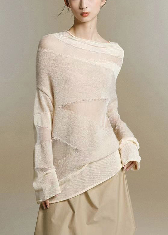 Slim Fit Beige Turtleneck Tulle Patchwork Thin Knit Top Fall