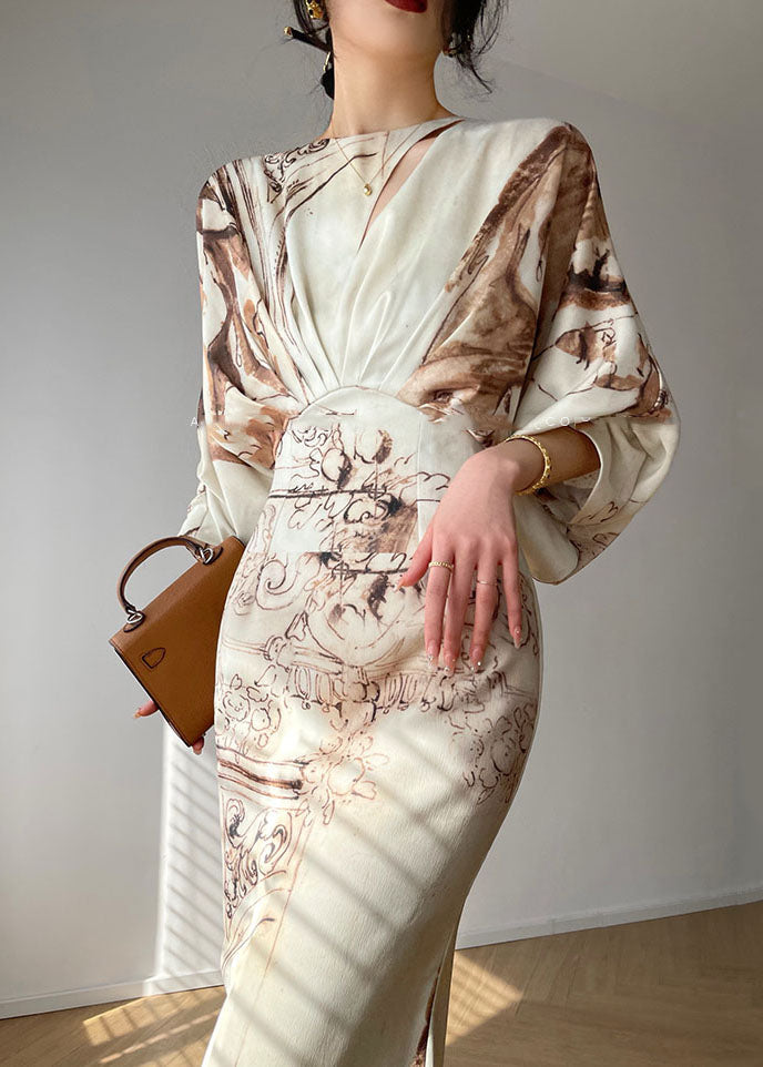 Slim Fit Beige Wrinkled Print Silk Long Dresses Lantern Sleeve