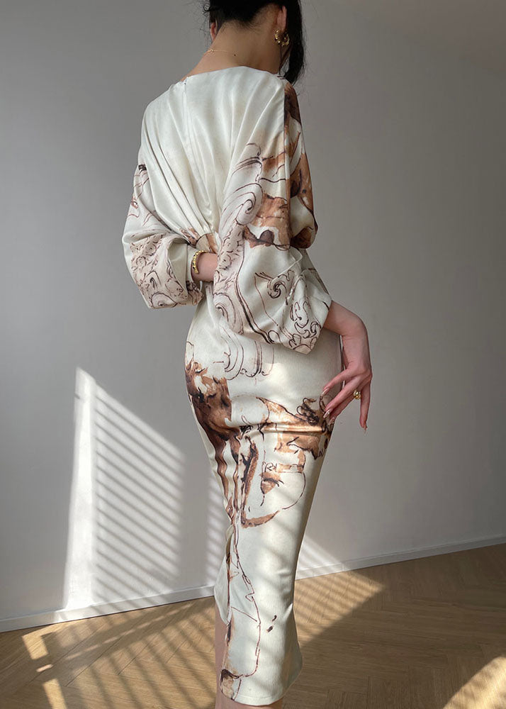 Slim Fit Beige Wrinkled Print Silk Long Dresses Lantern Sleeve