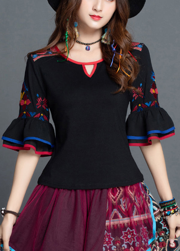 Slim Fit Black Embroideried Patchwork Cotton Top Flare Sleeve