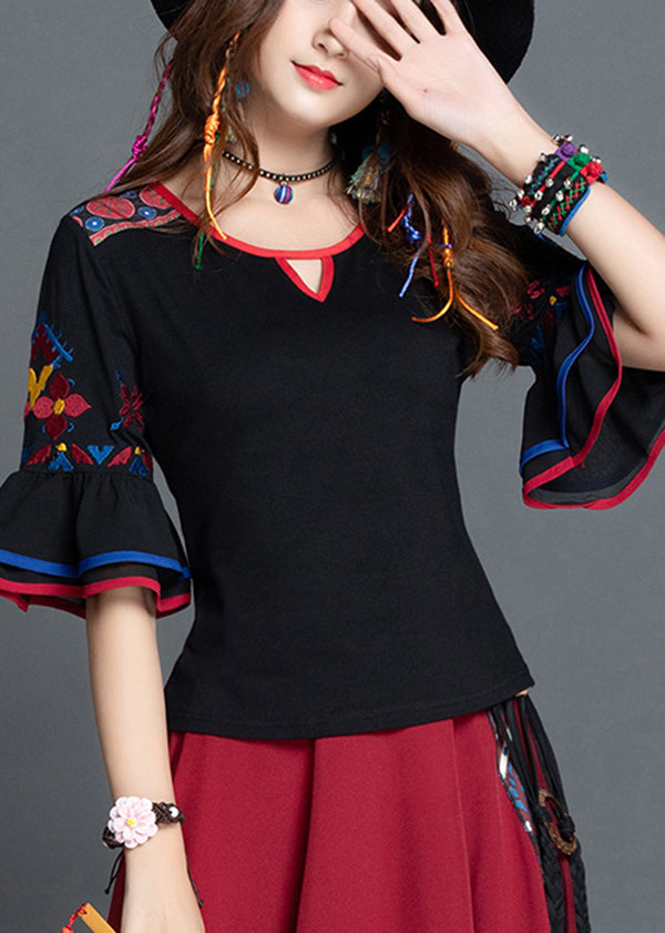 Slim Fit Black Embroideried Patchwork Cotton Top Flare Sleeve