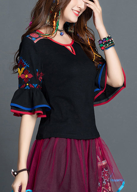 Slim Fit Black Embroideried Patchwork Cotton Top Flare Sleeve