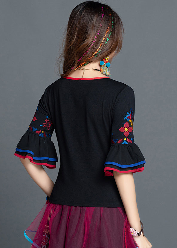 Slim Fit Black Embroideried Patchwork Cotton Top Flare Sleeve