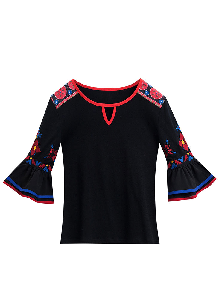 Slim Fit Black Embroideried Patchwork Cotton Top Flare Sleeve