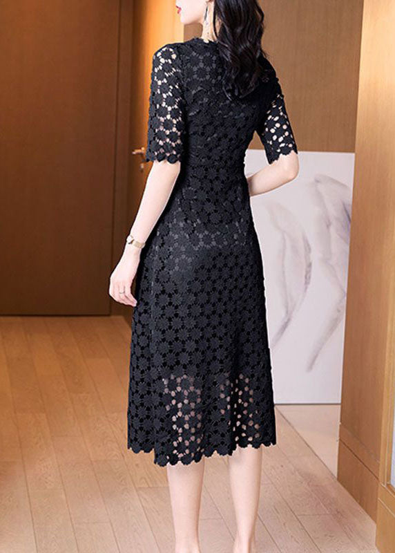 Slim Fit Black Hollow Out Embroideried Lace Dresses Half Sleeve