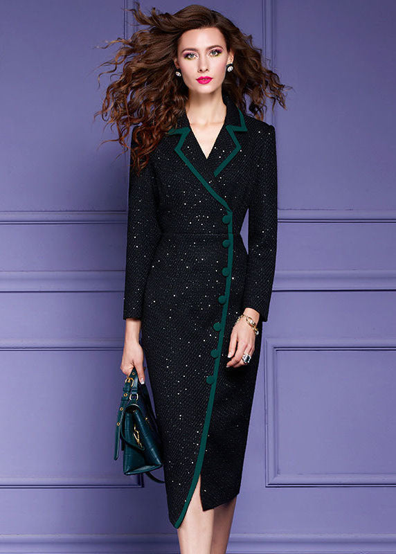 Slim Fit Black Notched Collar Patchwork Sequins Button Woolen Dresses Long Sleeve