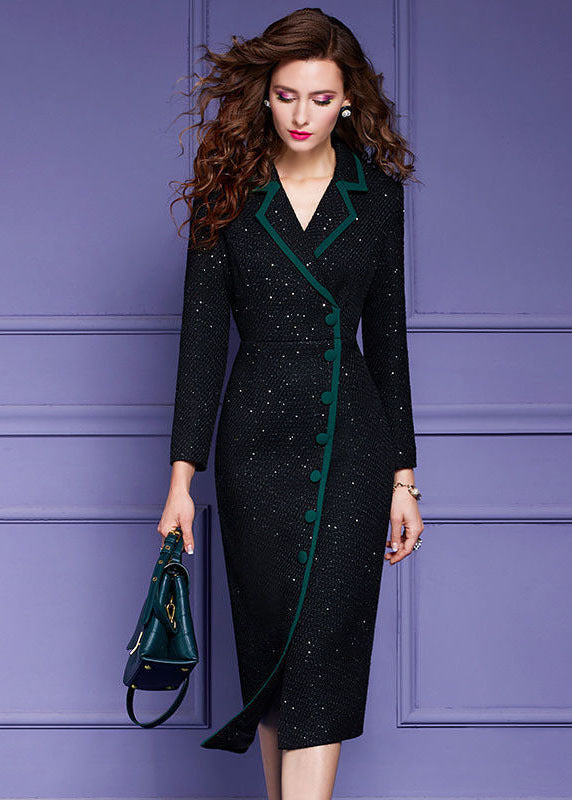 Slim Fit Black Notched Collar Patchwork Sequins Button Woolen Dresses Long Sleeve