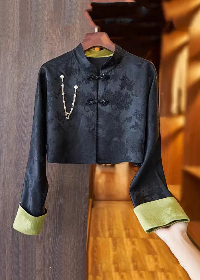 Slim Fit Black Stand Collar Embroideried Button Silk Linen Coat Long Sleeve