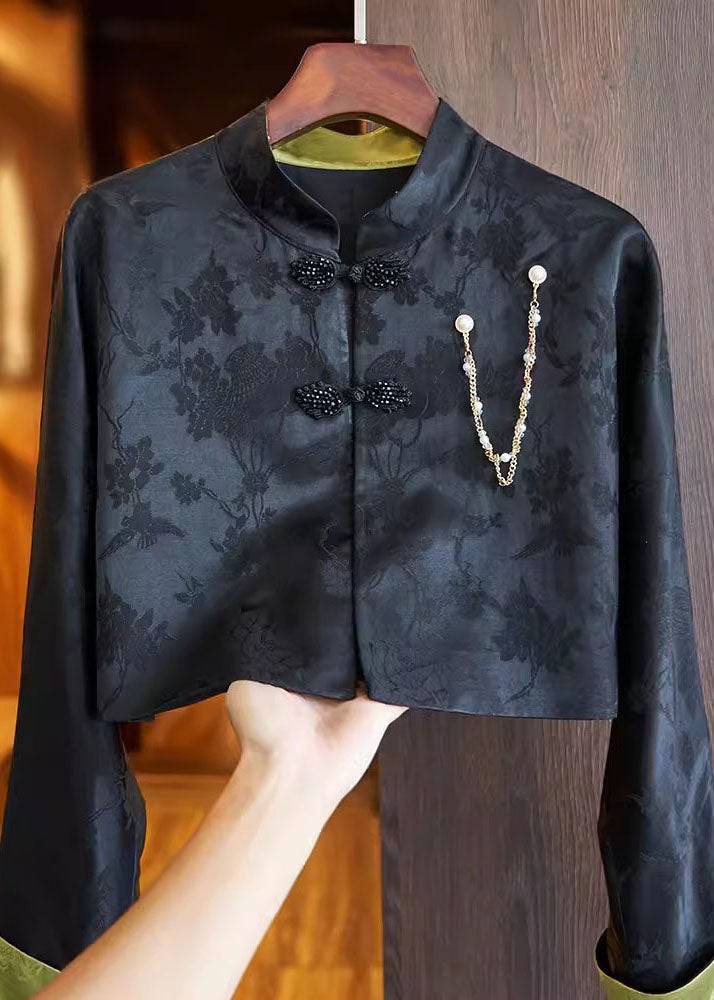 Slim Fit Black Stand Collar Embroideried Button Silk Linen Coat Long Sleeve