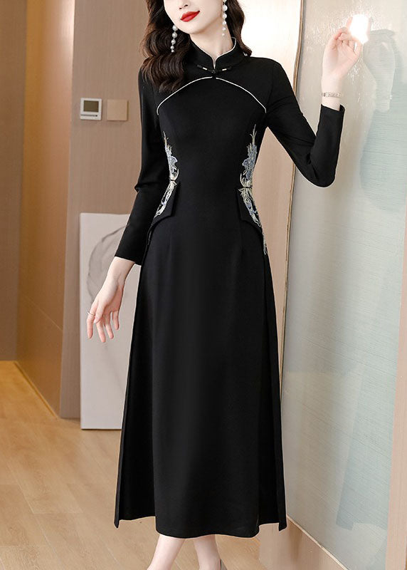 Slim Fit Black Stand Collar Embroideried Patchwork Maxi Dress Fall