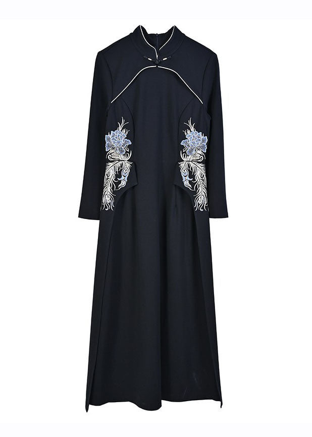 Slim Fit Black Stand Collar Embroideried Patchwork Maxi Dress Fall