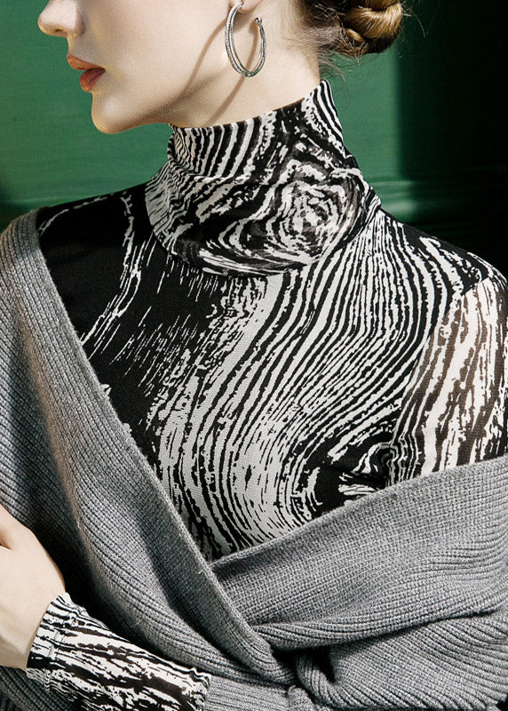 Slim Fit Black Turtleneck Print Warm Fleece Tulle Top Fall