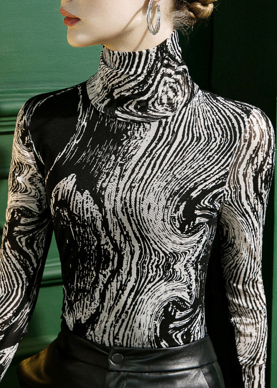 Slim Fit Black Turtleneck Print Warm Fleece Tulle Top Fall