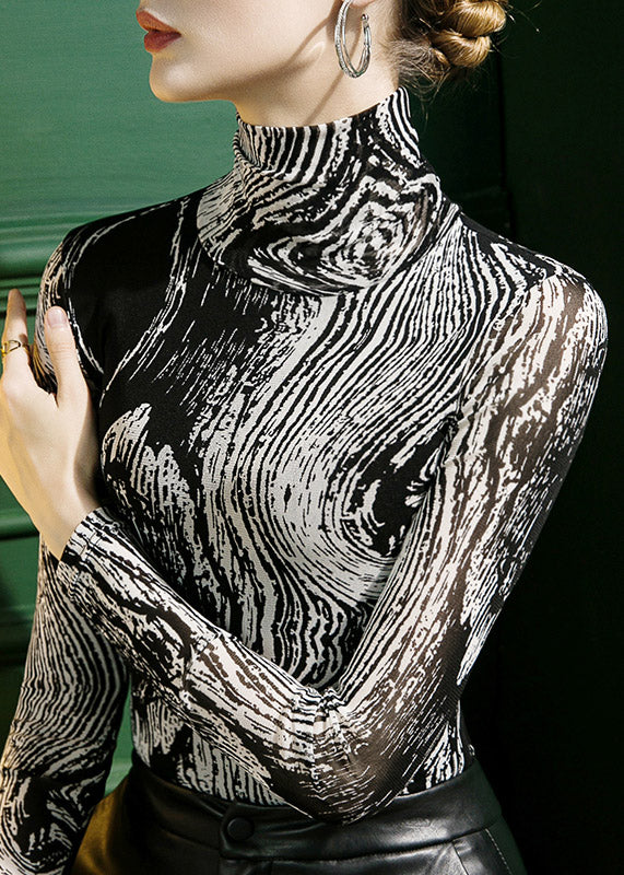 Slim Fit Black Turtleneck Print Warm Fleece Tulle Top Fall