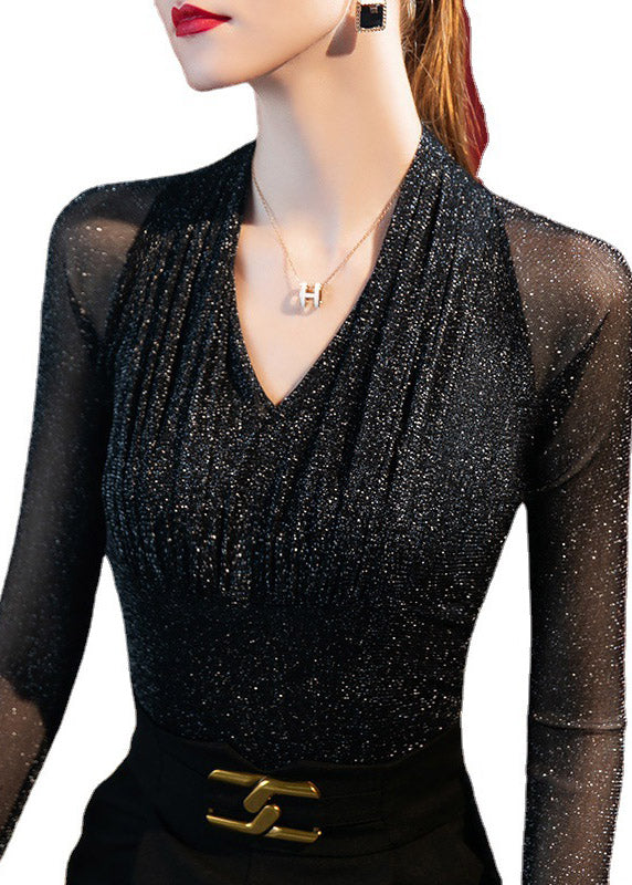 Slim Fit Black V Neck Sequins Tulle Tops Long Sleeve