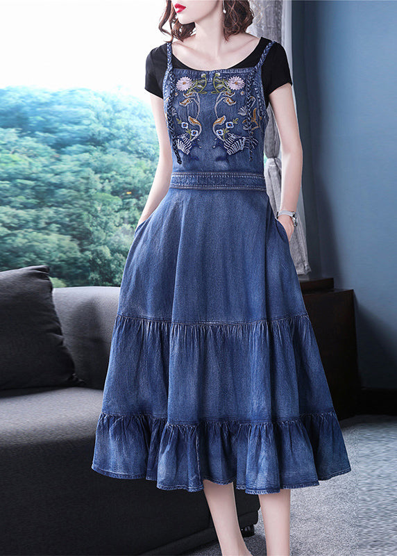 Slim Fit Blue Ruffles Embroideried Spaghetti Strap Cotton Denim Dresses Spring