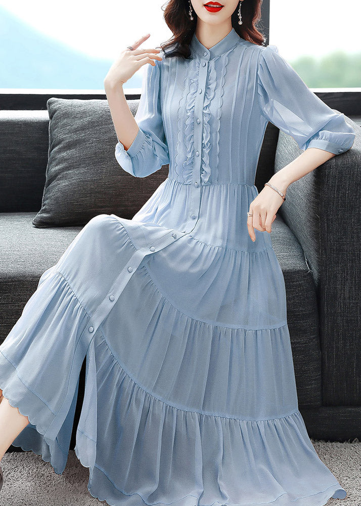 Slim Fit Blue Stand Collar Ruffled Patchwork Silk Maxi Dress Long Sleeve