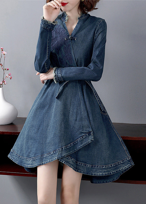 Slim Fit Blue V Neck Embroideried Sashes Cotton Denim Cinch Dress Long Sleeve