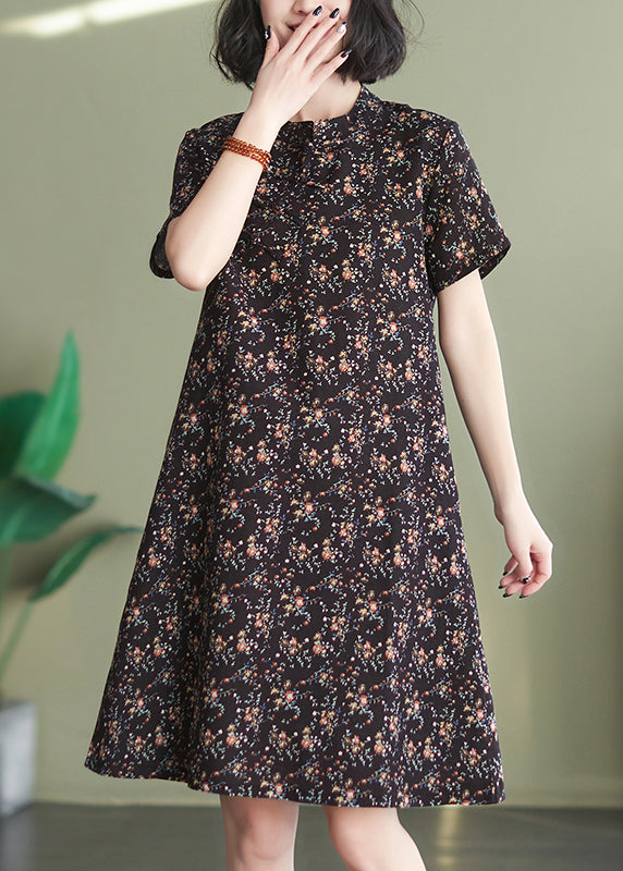 Slim Fit Coffee Stand Collar Print A Line Dresses Short Sleeve