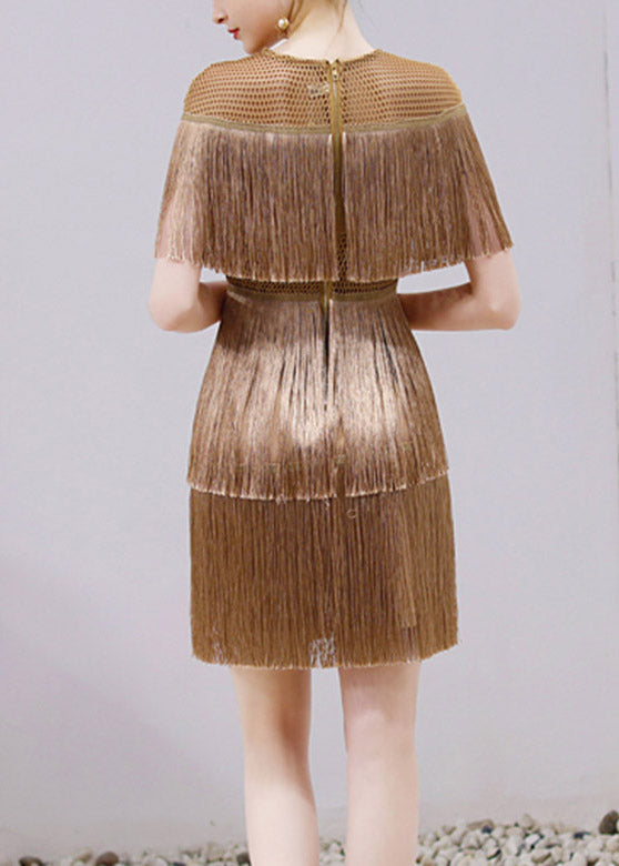 Slim Fit Gold O-Neck Tassel Silk Mid Dress Short Sleeve