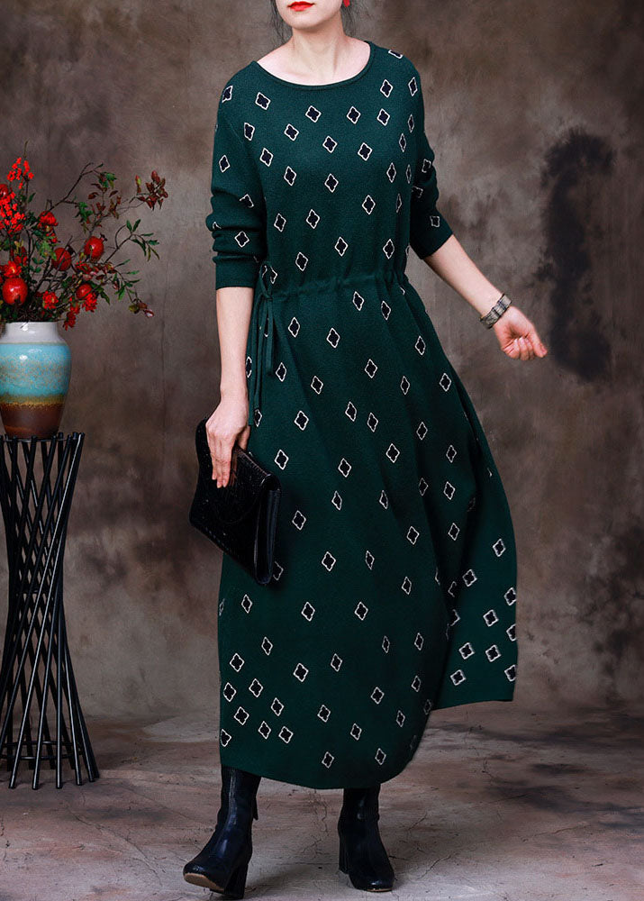 Slim Fit Green O-Neck Drawstring Print Knit Long Dress Long Sleeve