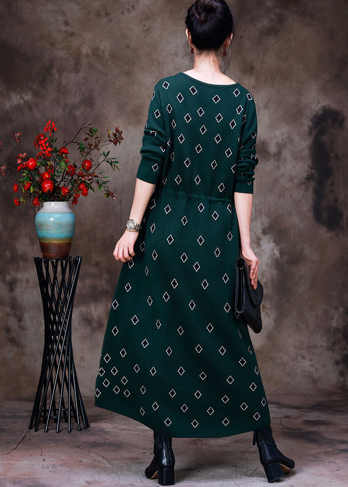 Slim Fit Green O-Neck Drawstring Print Knit Long Dress Long Sleeve