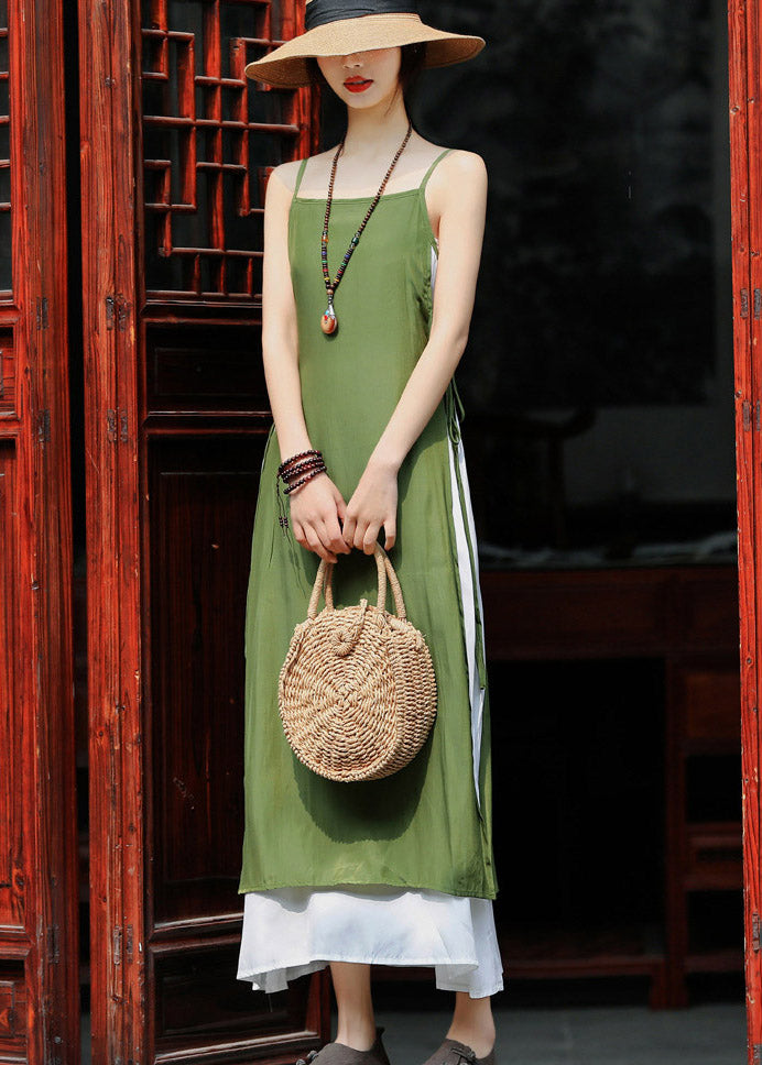 Slim Fit Green Patchwork Cotton Spaghetti Strap Dress Summer