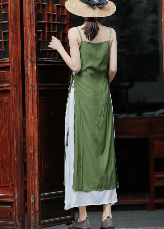 Slim Fit Green Patchwork Cotton Spaghetti Strap Dress Summer