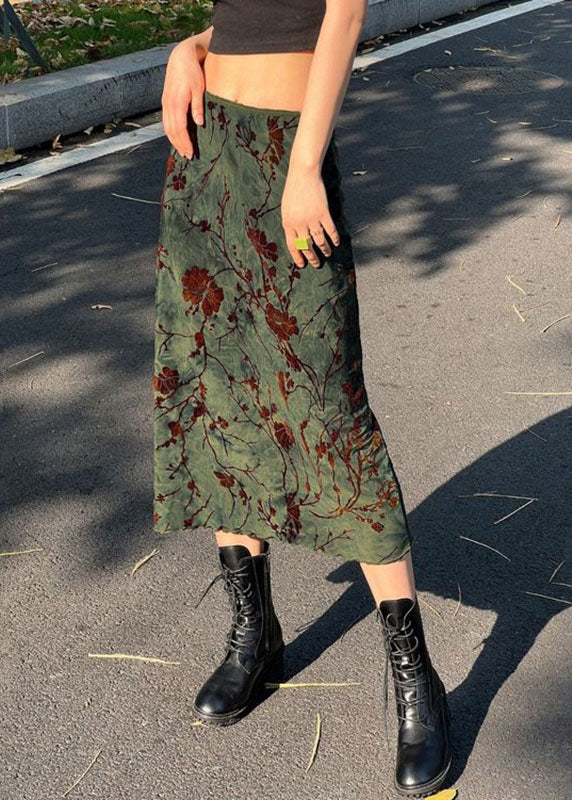 Slim Fit Green Print Patchwork Cotton Straight Skirts Fall