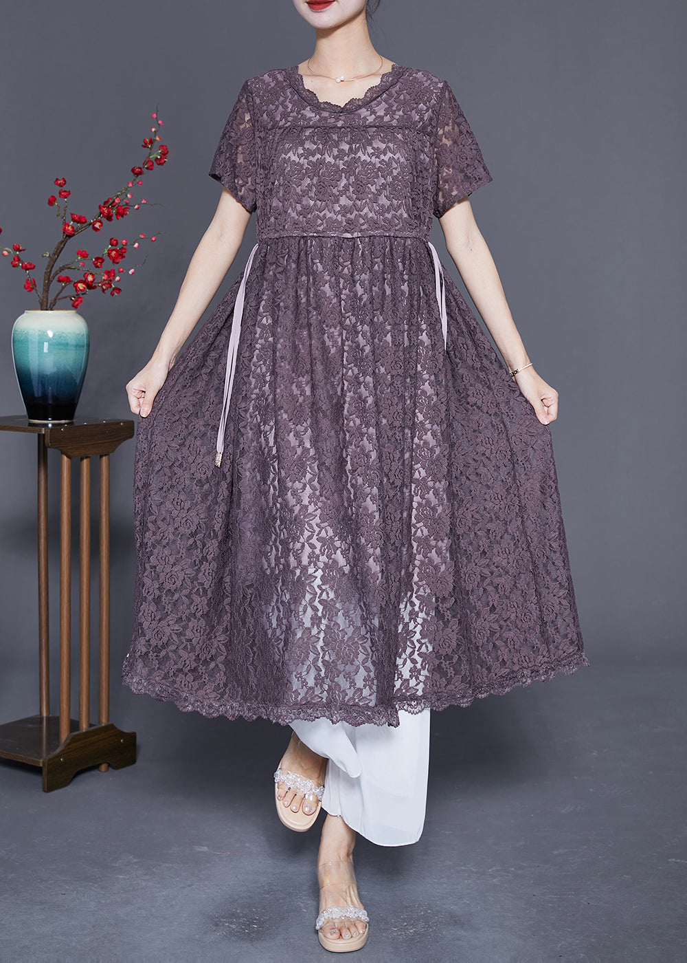 Slim Fit Grey Purple Cinched Hollow Out Lace Dress Summer