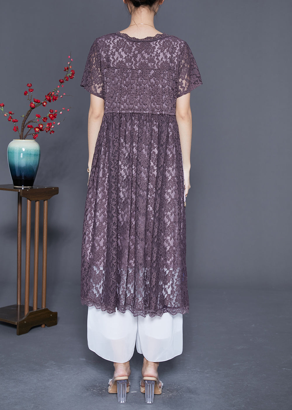 Slim Fit Grey Purple Cinched Hollow Out Lace Dress Summer