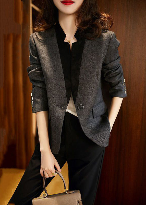 Slim Fit Grey V Neck Button Patchwork Spandex Coats Fall