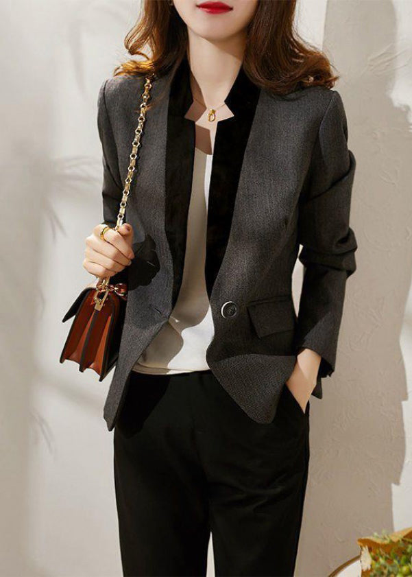 Slim Fit Grey V Neck Button Patchwork Spandex Coats Fall