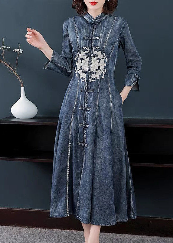 Slim Fit Navy Stand Collar Embroideried Cotton Denim Dress Long Sleeve