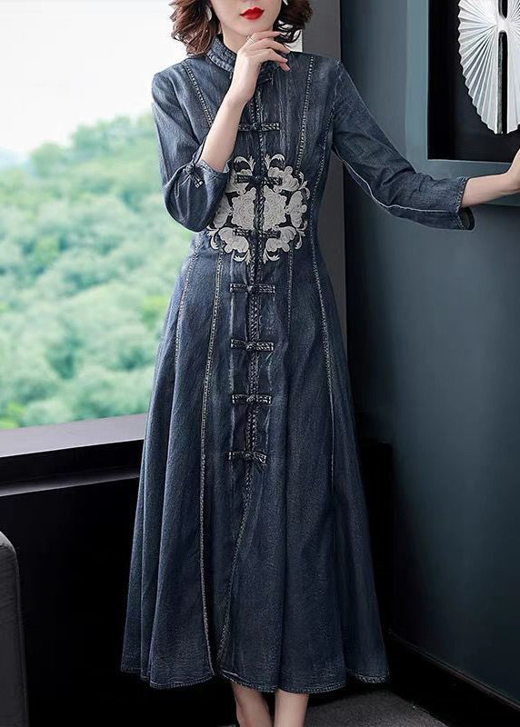 Slim Fit Navy Stand Collar Embroidered Cotton Denim Dress Long Sleeve