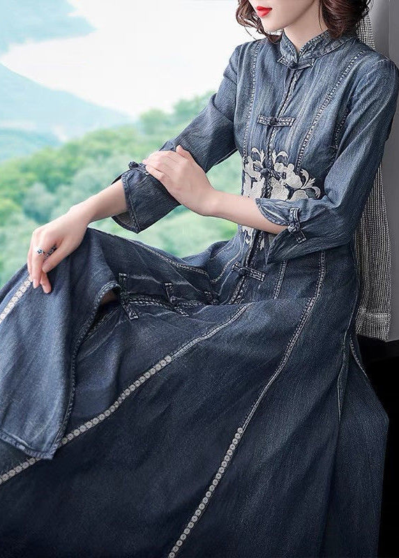 Slim Fit Navy Stand Collar Embroidered Cotton Denim Dress Long Sleeve