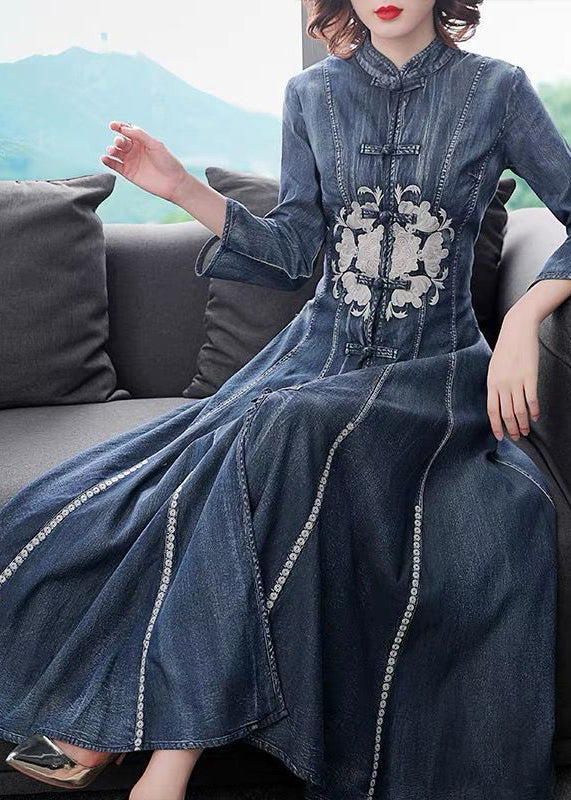 Slim Fit Navy Stand Collar Embroideried Cotton Denim Dress Long Sleeve