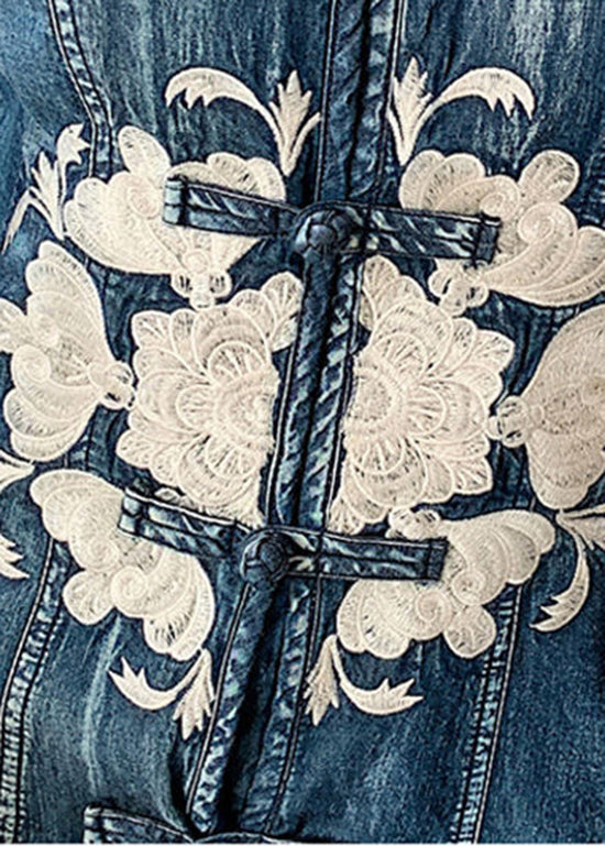Slim Fit Navy Stand Collar Embroidered Cotton Denim Dress Long Sleeve