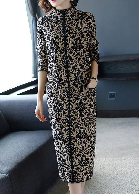 Slim Fit Navy Stand Collar Print Pockets Long Knit Dress Winter