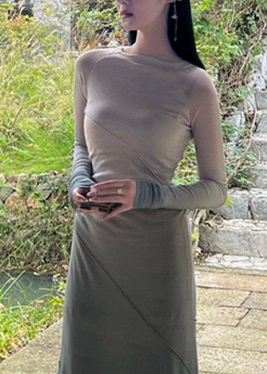 Slim Fit O-Neck Gradient Color Knit Long Dress Spring
