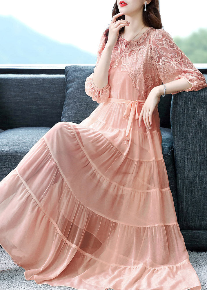 Slim Fit Pink O-Neck Tulle Patchwork Vacation Silk Maxi Dresses Spring