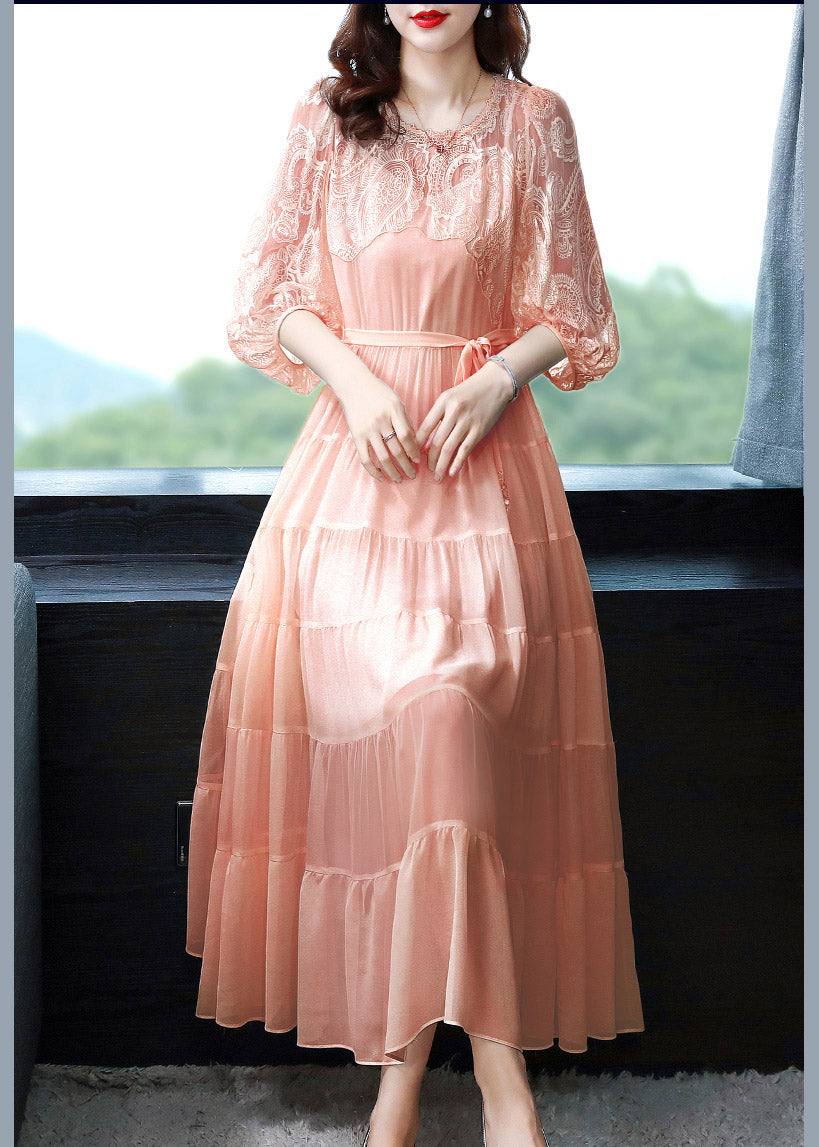 Slim Fit Pink O-Neck Tulle Patchwork Vacation Silk Maxi Dresses Spring