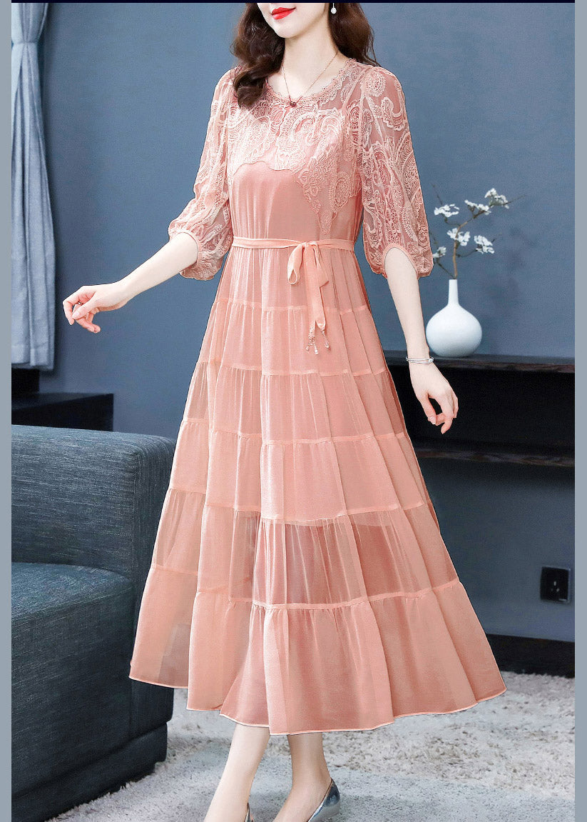 Slim Fit Pink O-Neck Tulle Patchwork Vacation Silk Maxi Dresses Spring