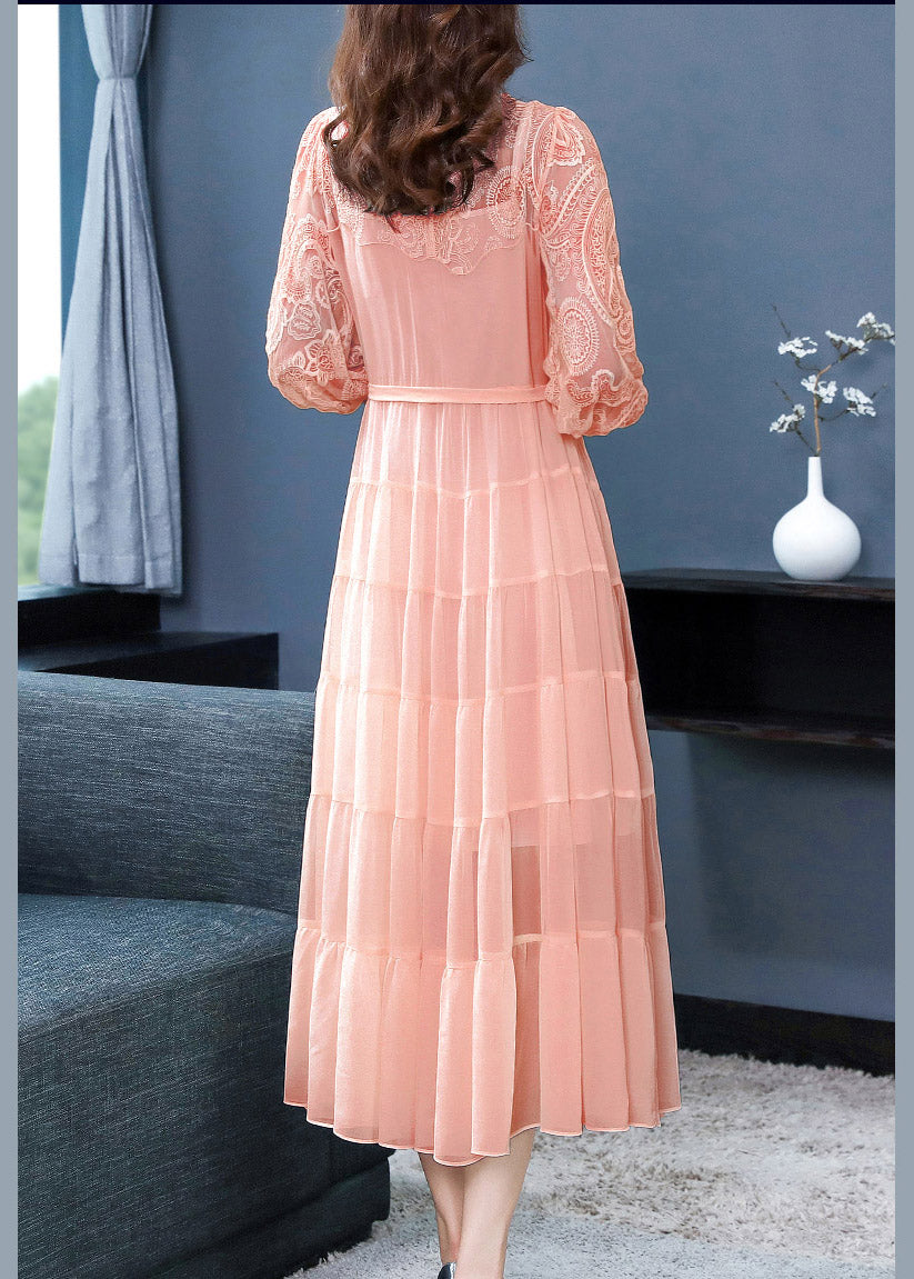 Slim Fit Pink O-Neck Tulle Patchwork Vacation Silk Maxi Dresses Spring